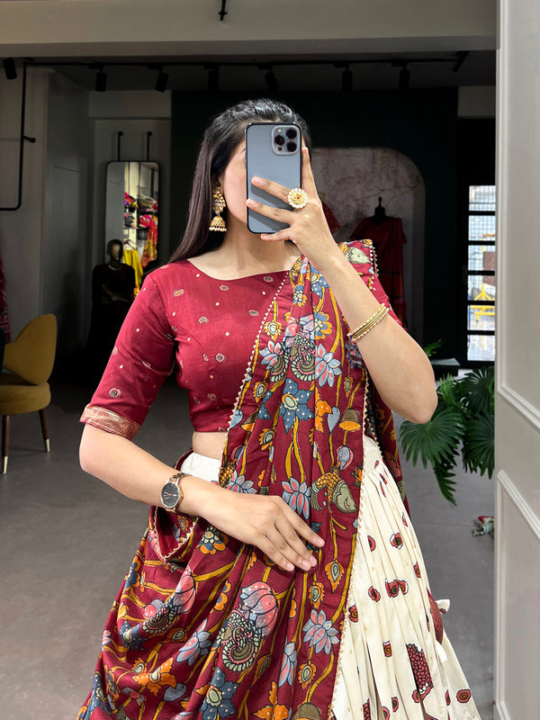 Off White Color Kalamkari Print With Foil Work Tussar Silk Lehenga Choli