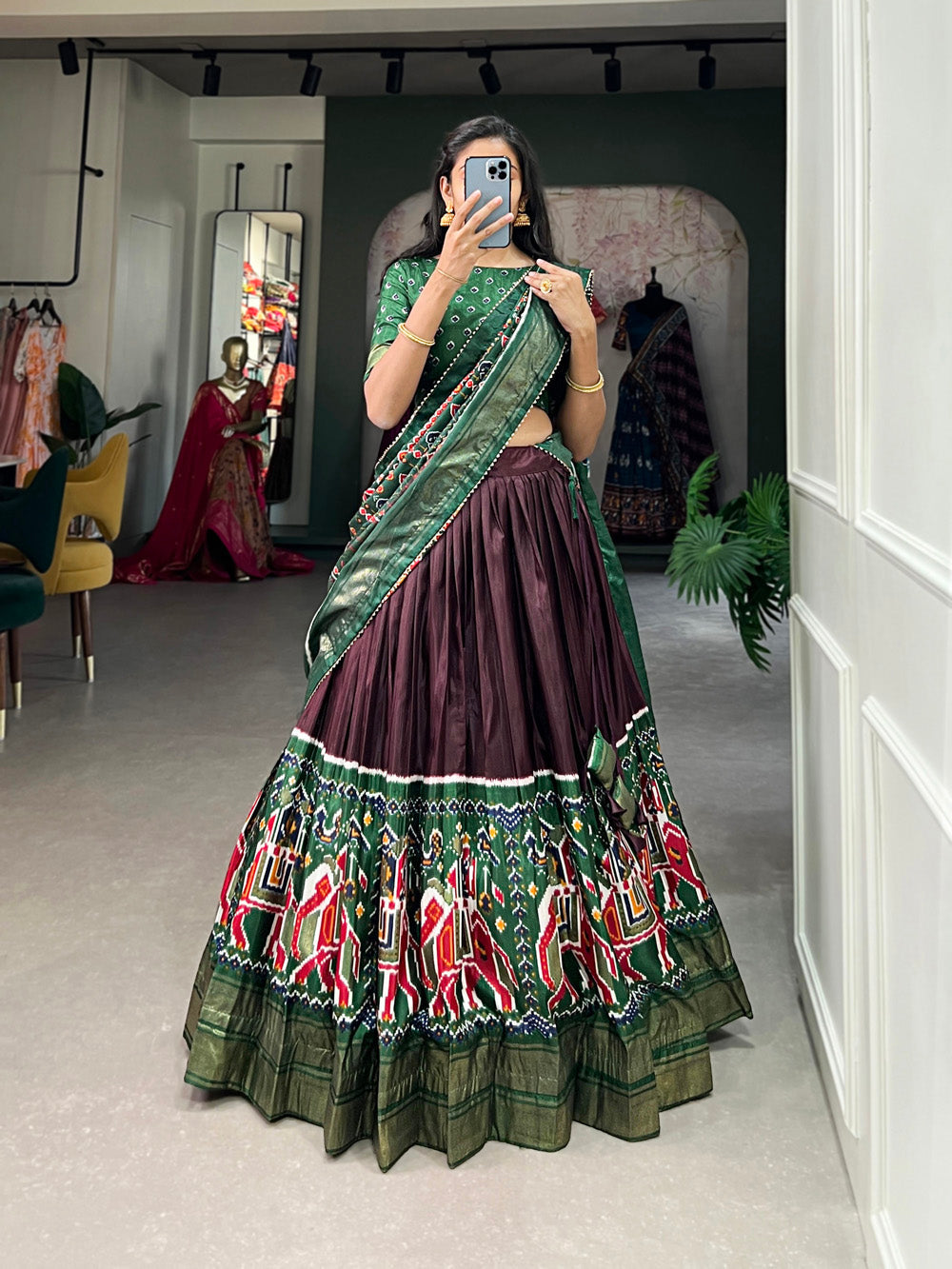 Brown Color Patola Print And Foil Work Dola Silk Lehenga Choli