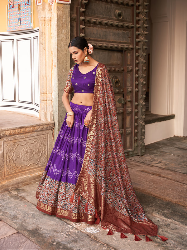 Purple Color Dot And Ajrakh With Foil Work Tussar Silk Lehenga Choli