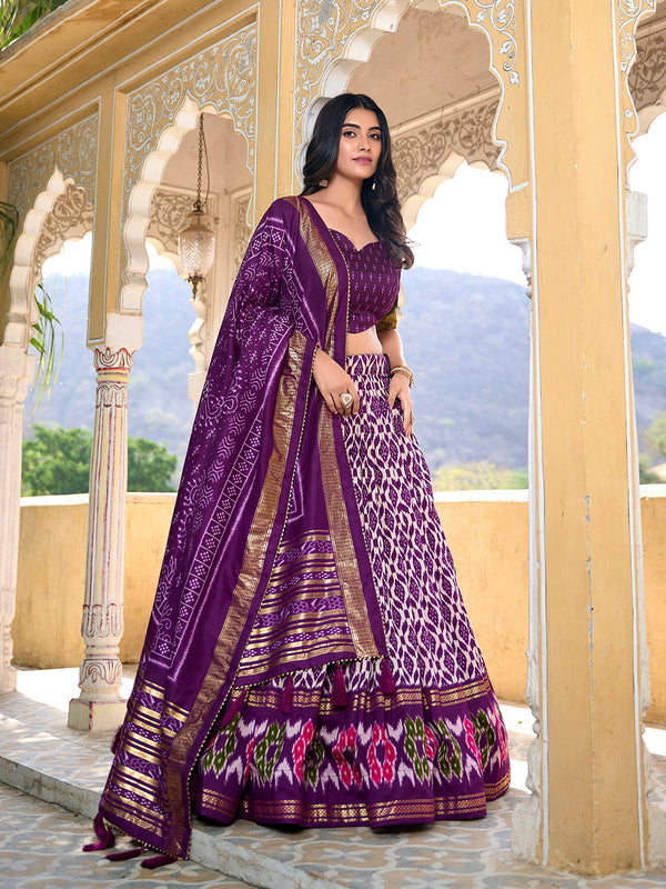 Purple Color Ikkat Print With Foil Work Tussar Silk Lehenga Choli