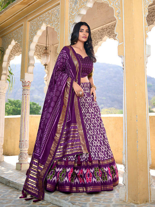 Purple Color Ikkat Print With Foil Work Tussar Silk Lehenga Choli