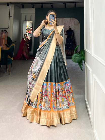See Green Color Kalamkari Print With Weaving Border Dola Silk Lehenga Choli