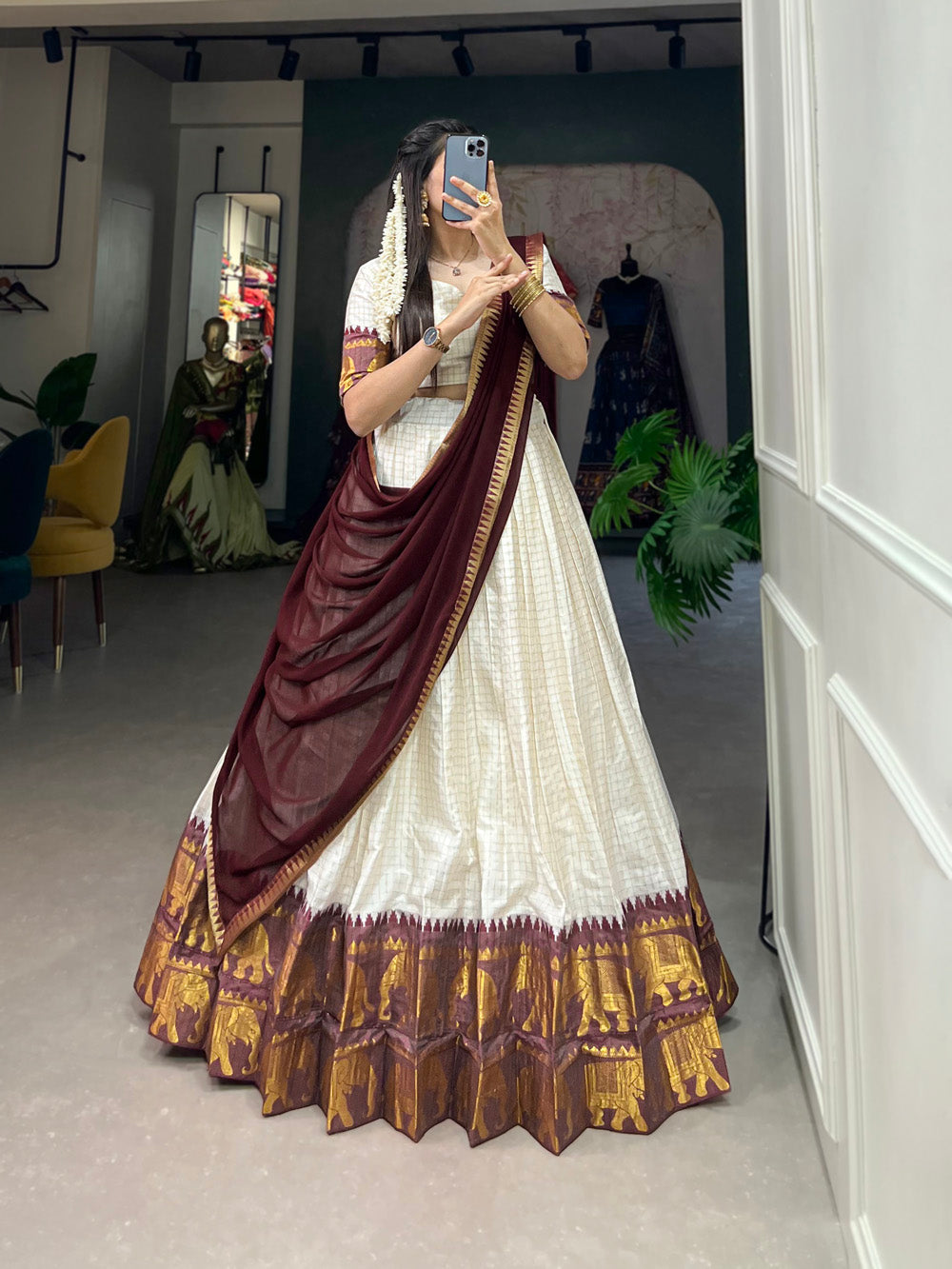 White Color Chex With Zari Weaving Work Poly Cotton Wedding South Indian Half Saree Lehenga