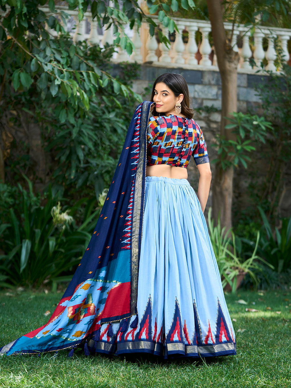 Sky Blue Color Print With Foil Work Tussar Silk Lehenga Choli
