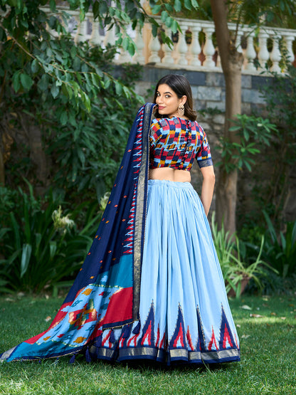 Sky Blue Color Print With Foil Work Tussar Silk Lehenga Choli