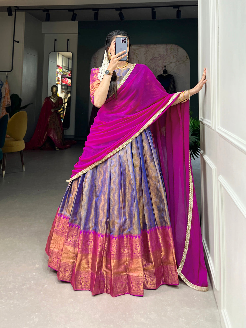 Blue Color Zari Weaving Work Kanjivaram Lehenga Choli