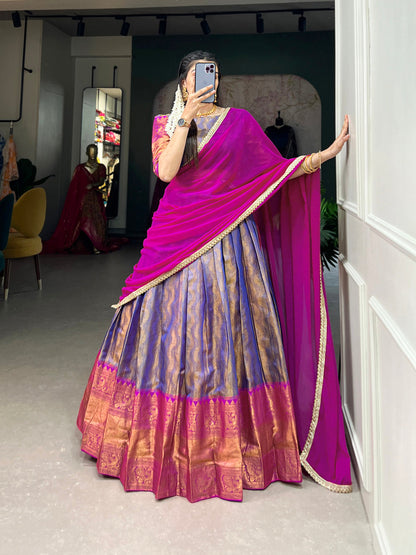 Blue Color Zari Weaving Work Kanjivaram Lehenga Choli