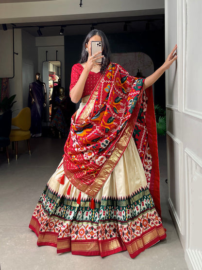 Off White Color Haydrabad Patola Print With Foil Work Tussar Silk Lehenga Choli