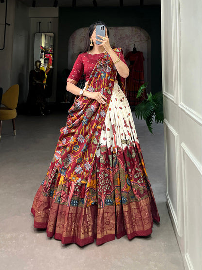 Off White Color Kalamkari Print With Foil Work Tussar Silk Lehenga Choli