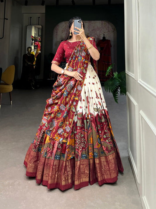 Off White Color Kalamkari Print With Foil Work Tussar Silk Lehenga Choli