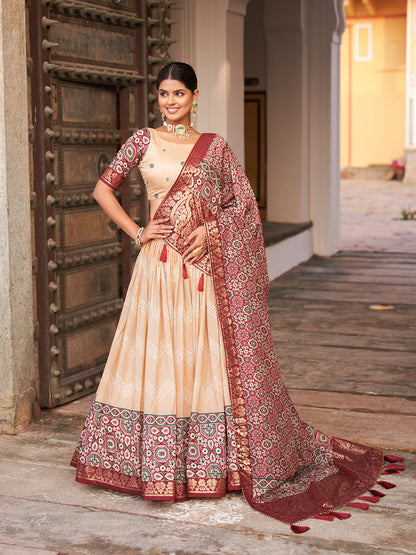Off White Color Dot And Ajrakh With Foil Work Tussar Silk Lehenga Choli