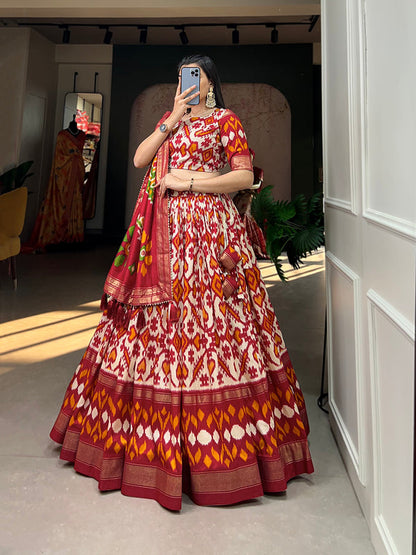 Off White Color Patola Print With Foil Work Tussar Silk Lehnga Choli