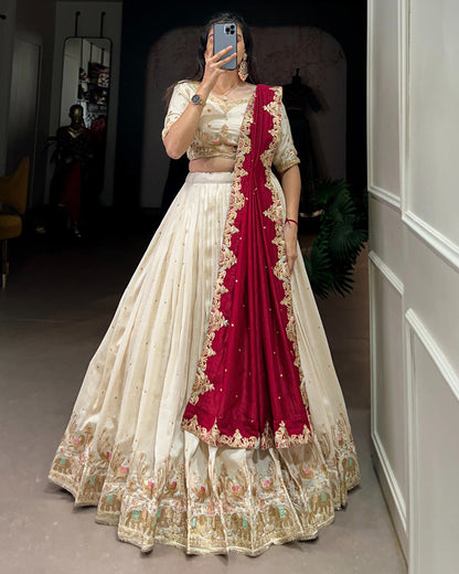 Off-White Color Vichitra Silk Thread Embroidered Lehenga Choli