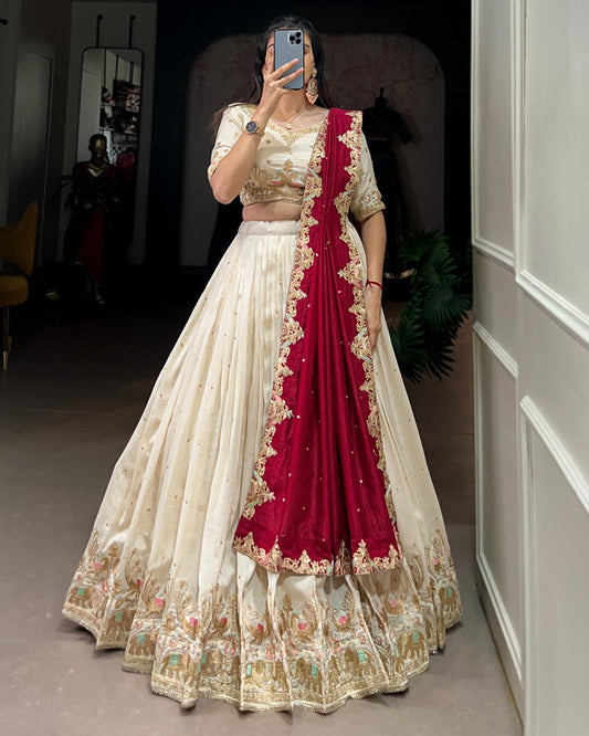 Off-White Color Vichitra Silk Thread Embroidered Lehenga Choli