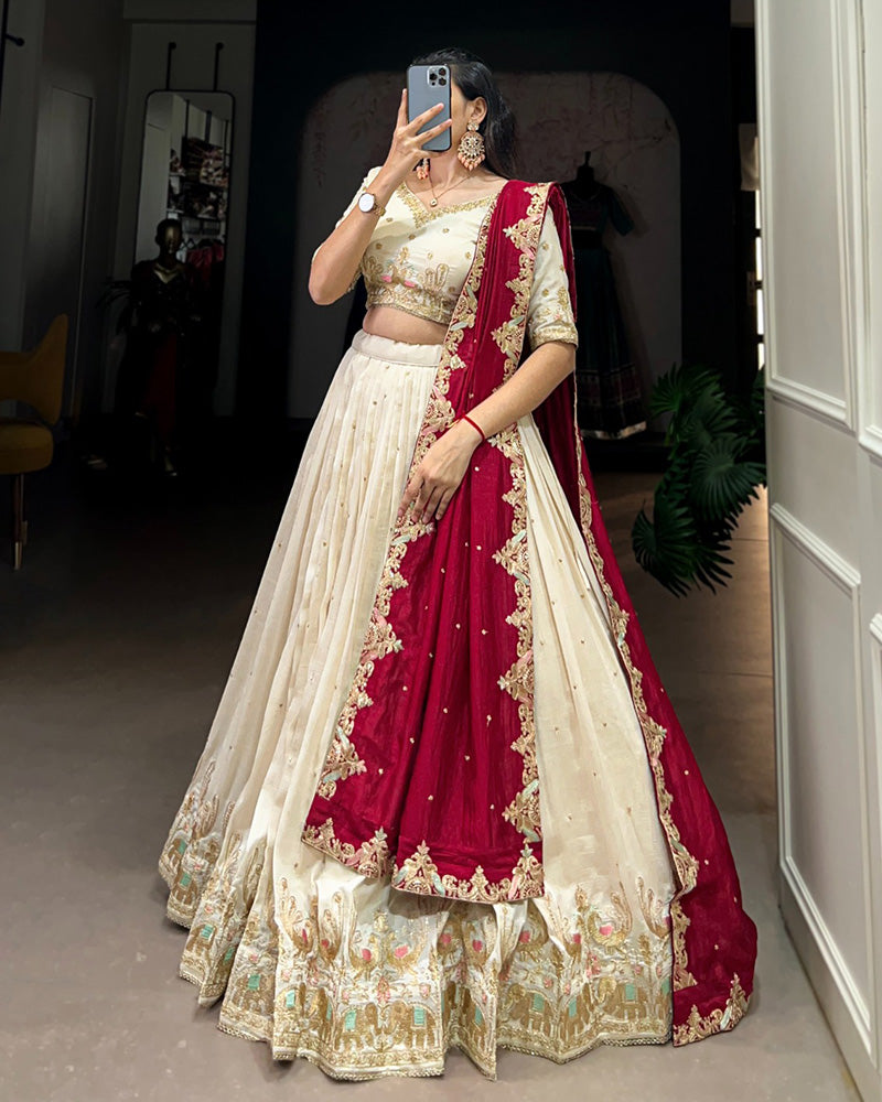 Off-White Color Vichitra Silk Thread Embroidered Lehenga Choli