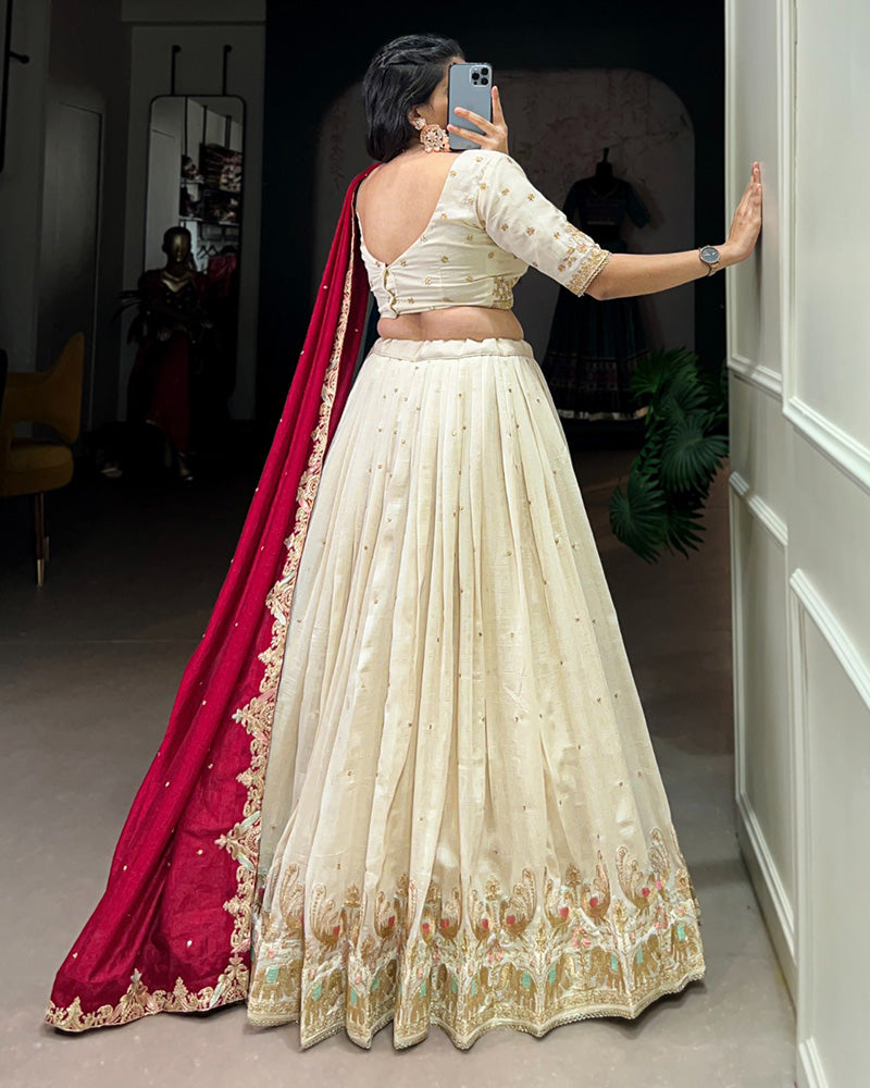 Off-White Color Vichitra Silk Thread Embroidered Lehenga Choli
