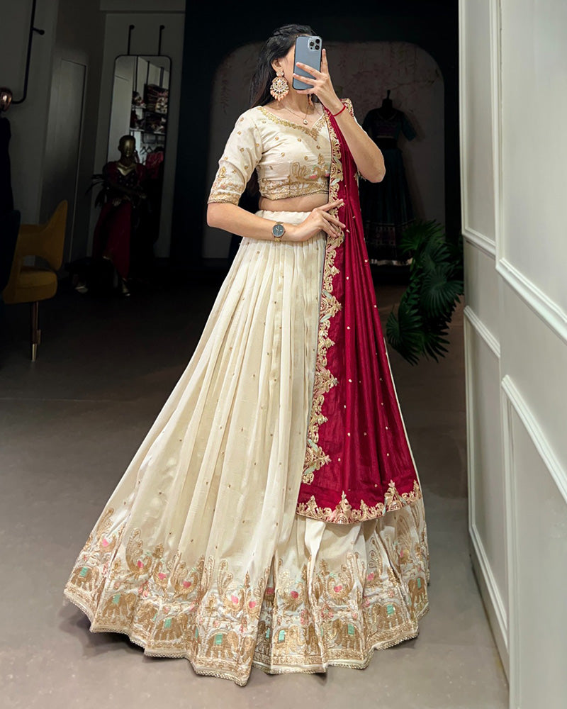 Off-White Color Vichitra Silk Thread Embroidered Lehenga Choli