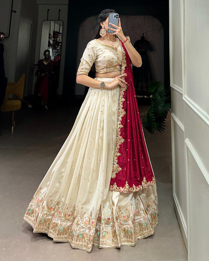 Off-White Color Vichitra Silk Thread Embroidered Lehenga Choli