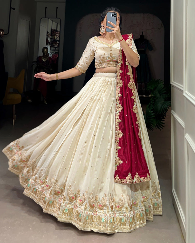 Off-White Color Vichitra Silk Thread Embroidered Lehenga Choli
