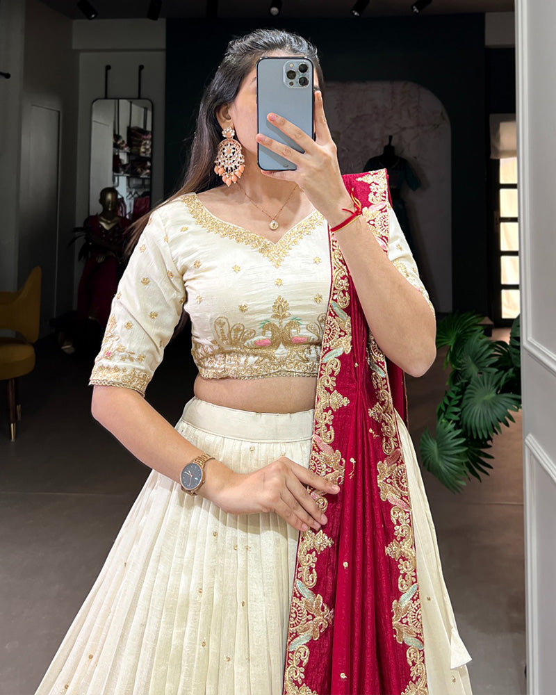 Off-White Color Vichitra Silk Thread Embroidered Lehenga Choli