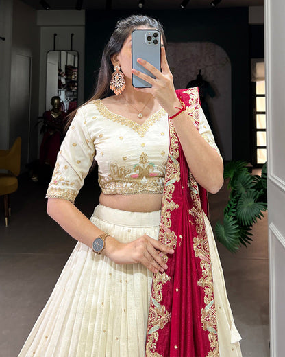 Off-White Color Vichitra Silk Thread Embroidered Lehenga Choli