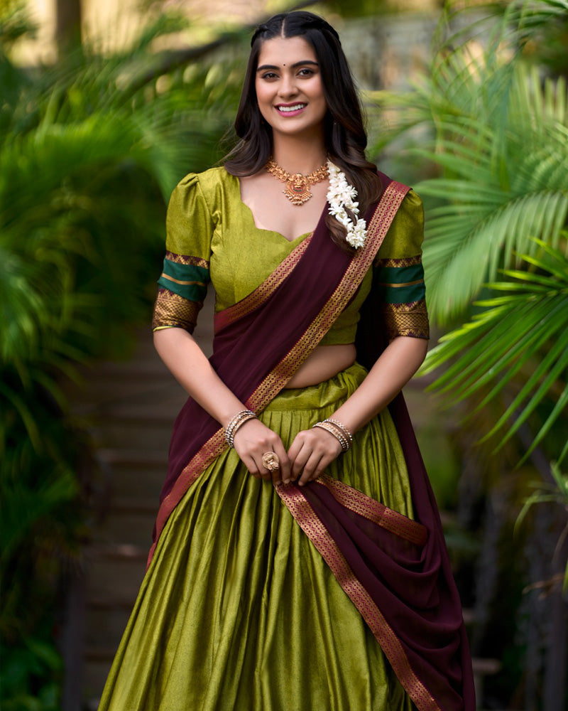 Olive Green Color Poly Cotton Party Wear Lehenga Half Saree