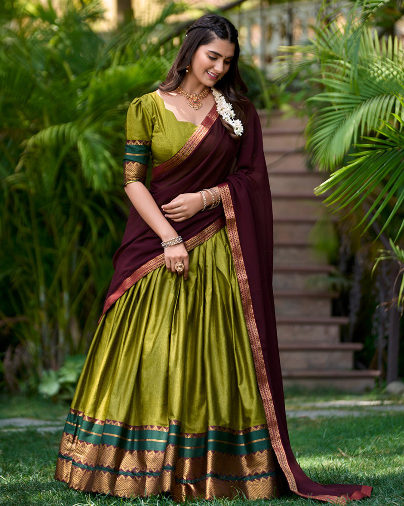Olive Green Color Poly Cotton Party Wear Lehenga Half Saree
