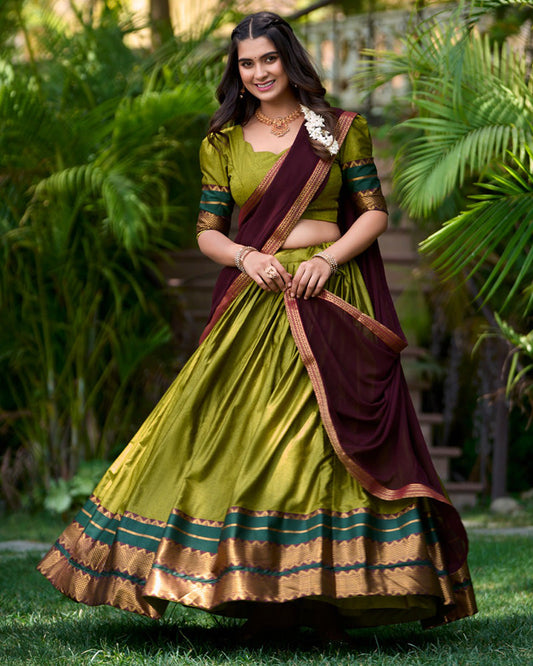 Olive Green Color Poly Cotton Party Wear Lehenga Half Saree
