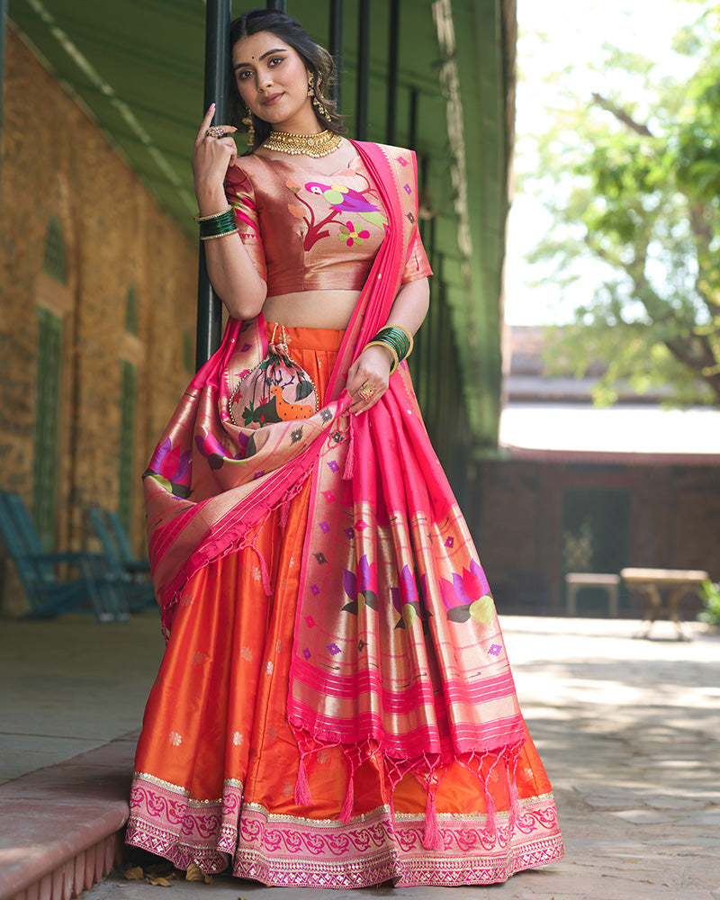 Orange Color Jacquard Silk Lehenga Choli