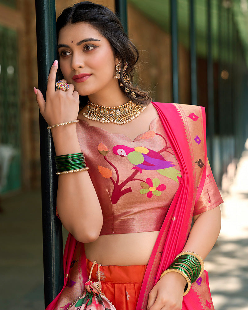 Orange Color Jacquard Silk Lehenga Choli