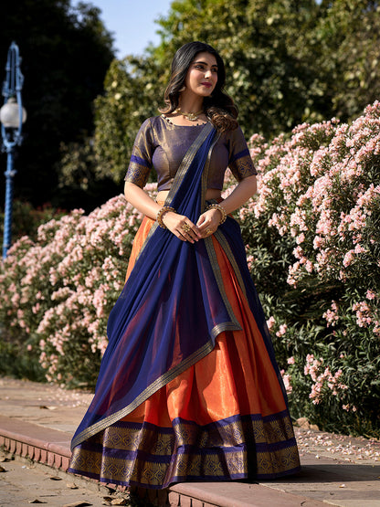 Orange Color Zari Weaving Work Kanchipuram Pattu Half Saree Lehenga Choli