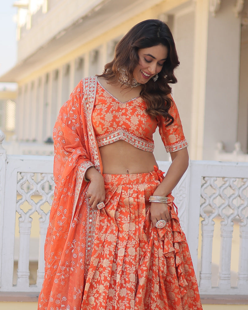 Pure Viscose Jacquard Orange Lehenga Choli