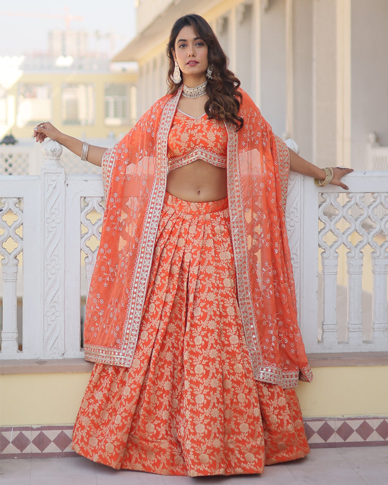 Pure Viscose Jacquard Orange Lehenga Choli
