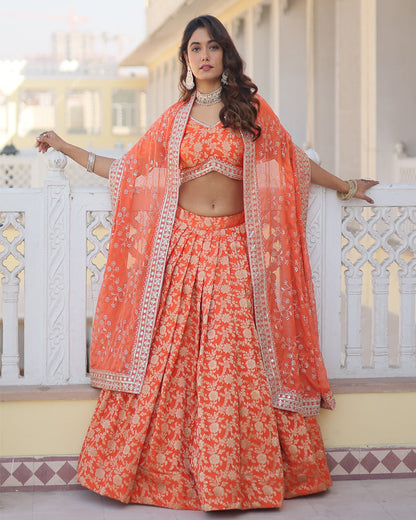 Pure Viscose Jacquard Orange Lehenga Choli