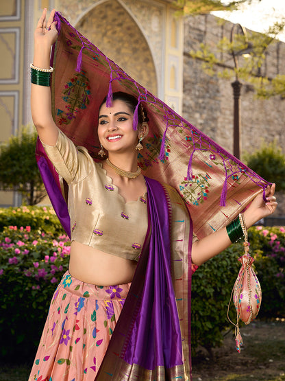 Peach Color Jacquard Silk (Paithani) Weaving Zari Work South Lehenga Choli