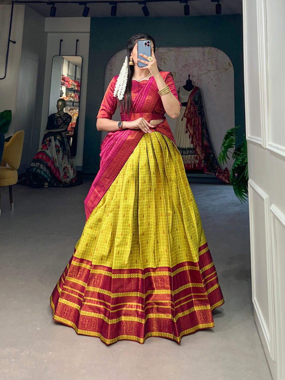 Parrot Color Zari Weaving Work Jacquard Silk Lehenga Choli