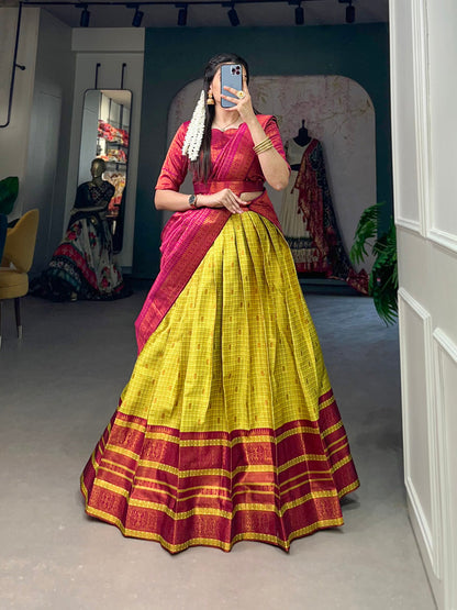 Parrot Color Zari Weaving Work Jacquard Silk Lehenga Choli