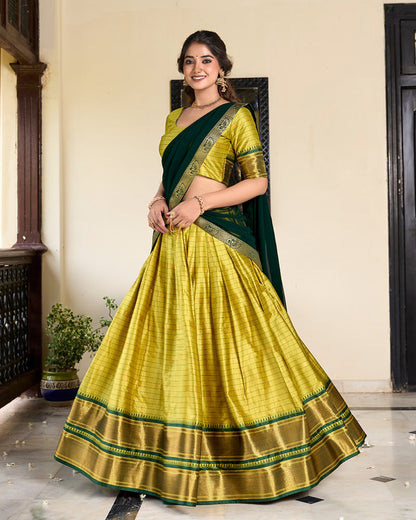 Parrot Green Color Cotton Silk Designer Traditional Half Saree Lehenga For Wedding