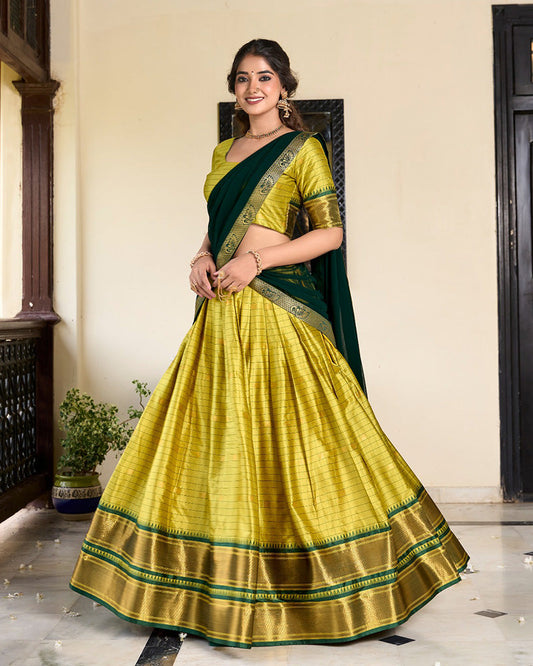 Parrot Green Color Cotton Silk Designer Traditional Half Saree Lehenga For Wedding