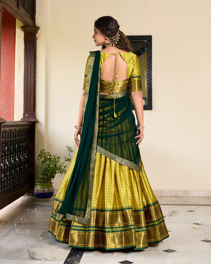 Parrot Green Color Cotton Silk Designer Traditional Half Saree Lehenga For Wedding