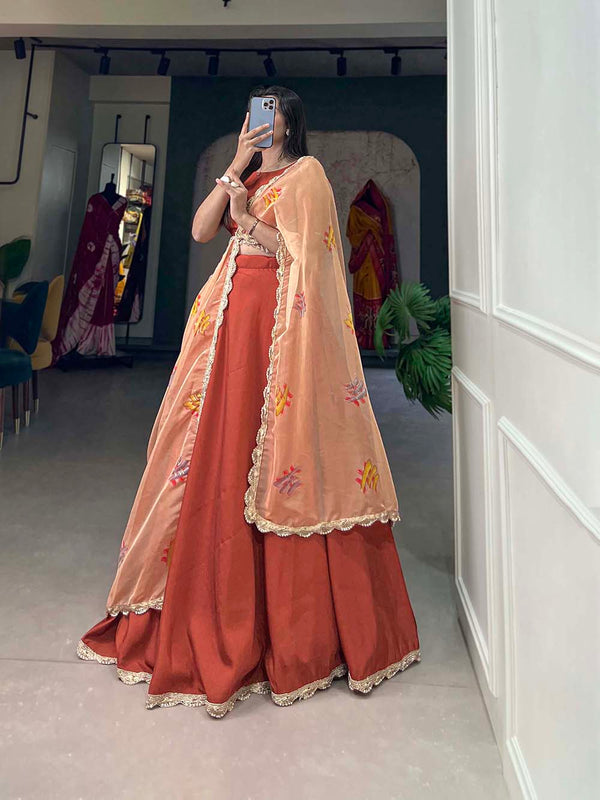 Burnt Color Plain Polyester Viscose Chanderi Lehenga Choli