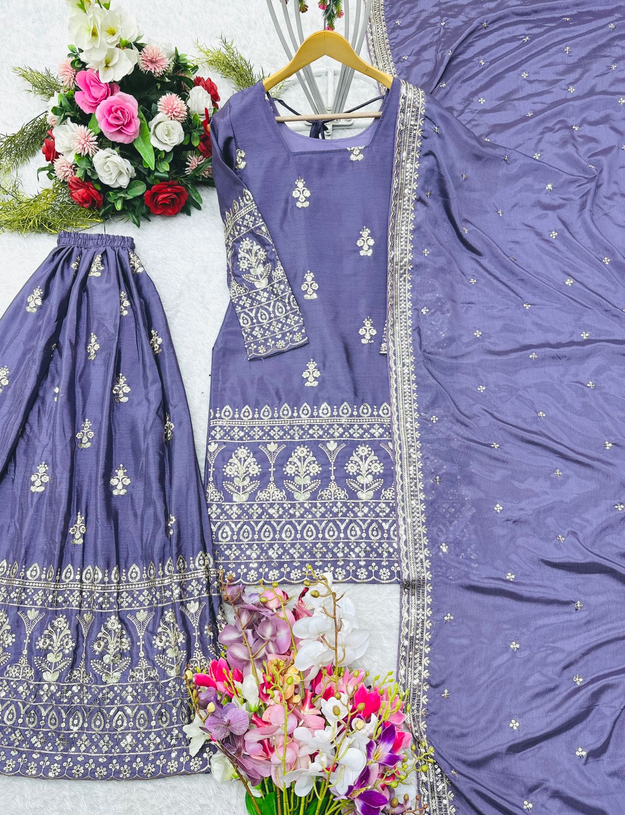Party Wear Lavender Color Pure Chinon Silk With Embroidery Sequence Work Sharara Suit