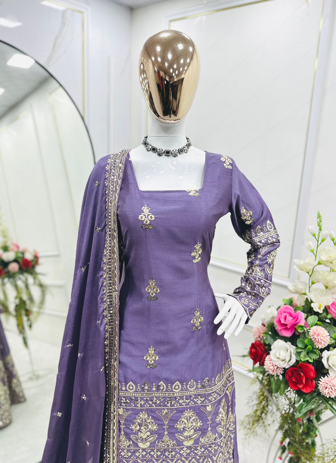 Party Wear Lavender Color Pure Chinon Silk With Embroidery Sequence Work Sharara Suit