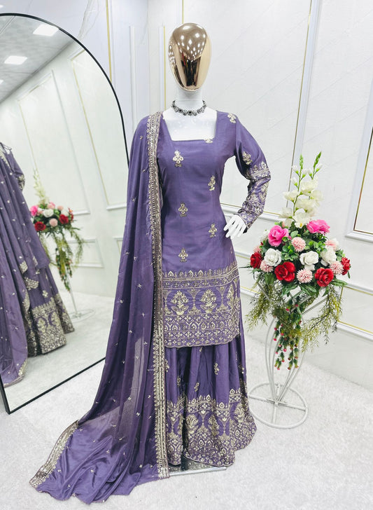 Party Wear Lavender Color Pure Chinon Silk With Embroidery Sequence Work Sharara Suit