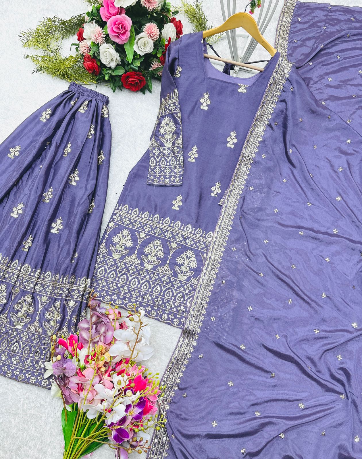 Party Wear Lavender Color Pure Chinon Silk With Embroidery Sequence Work Sharara Suit