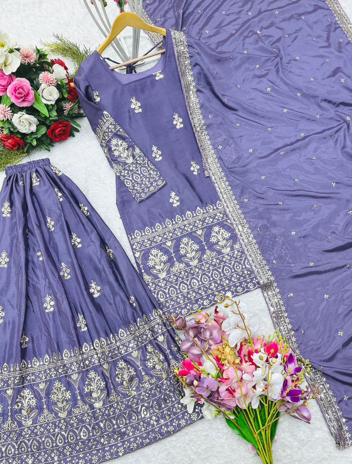 Party Wear Lavender Color Pure Chinon Silk With Embroidery Sequence Work Sharara Suit