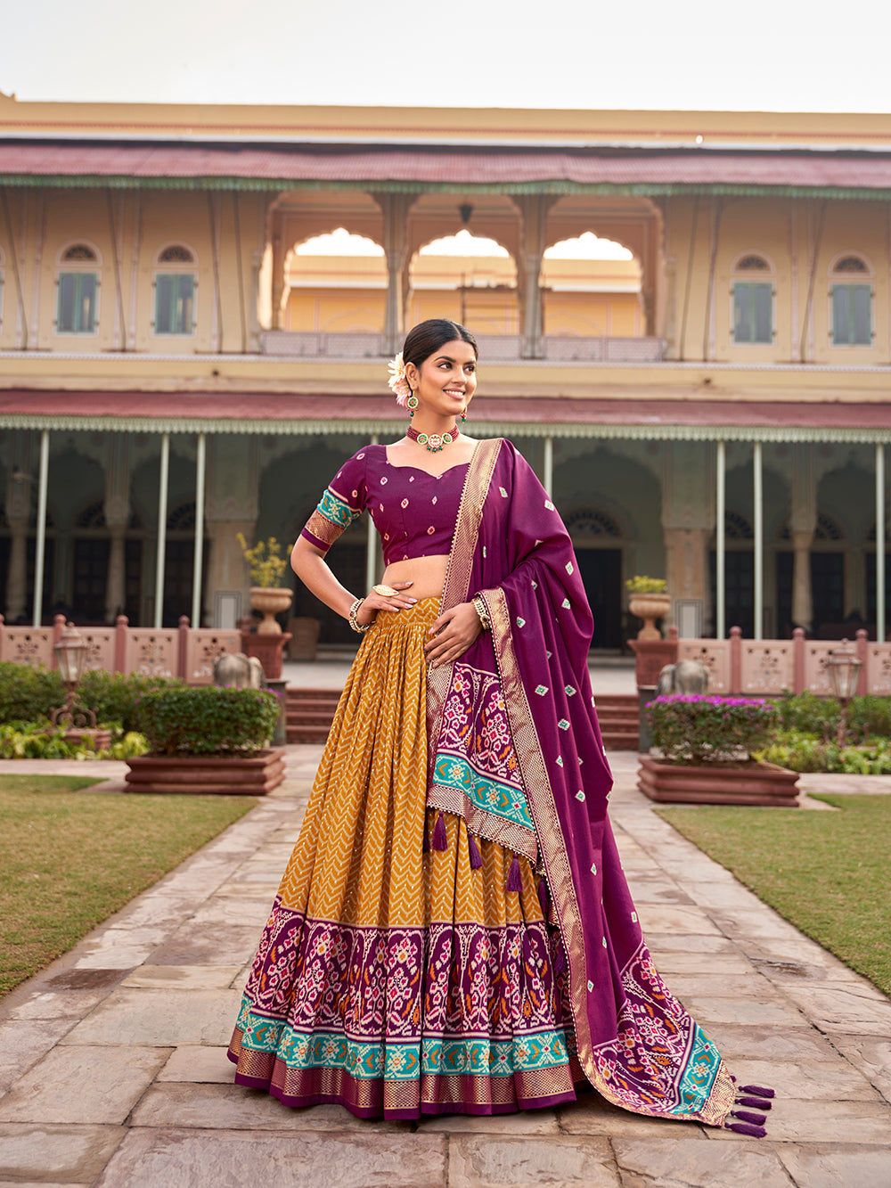 Mustard Color Patola With Foil Print Tussar Silk Traditional Lehenga Choli