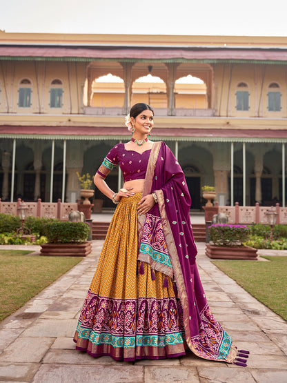 Mustard Color Patola With Foil Print Tussar Silk Traditional Lehenga Choli