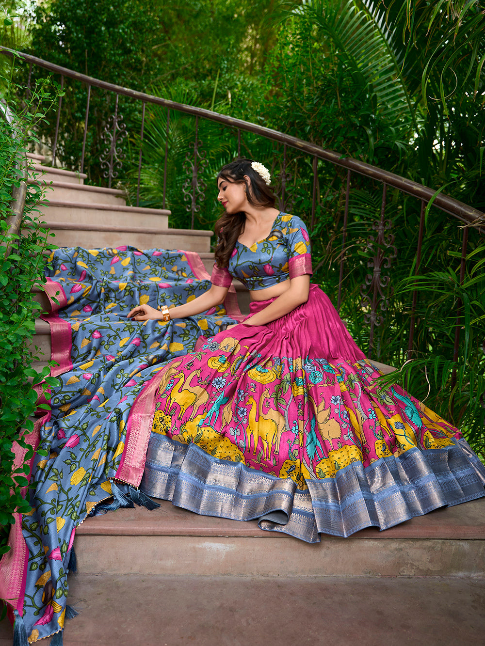 Pink Color Kalamkari Print With Zari Weaving Dola Silk South Indian Lehenga Choli