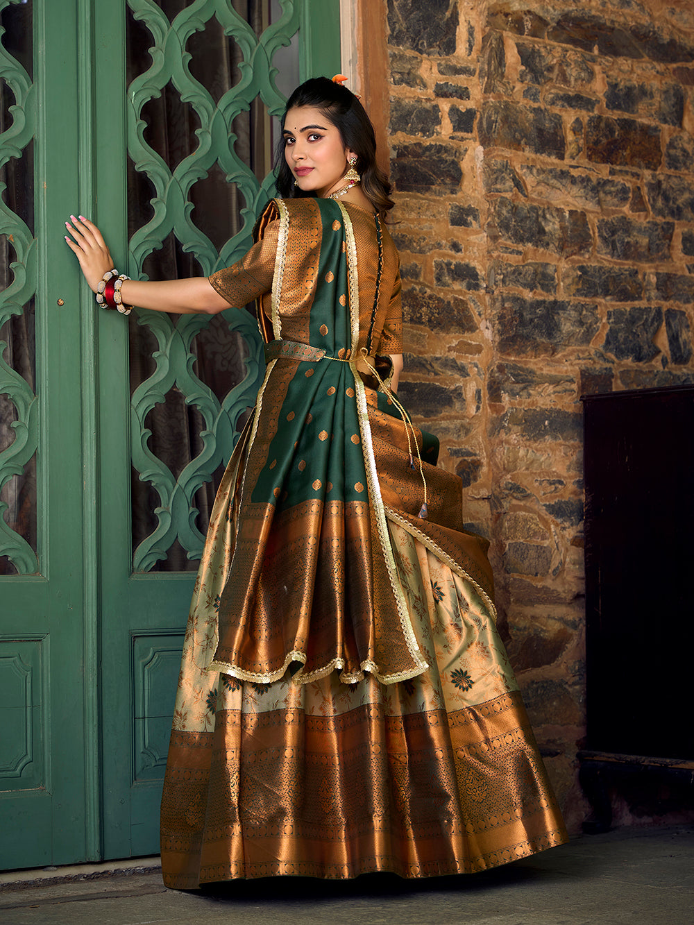 Green Color Zari Weaving Work Jacquard Silk Lehenga Choli
